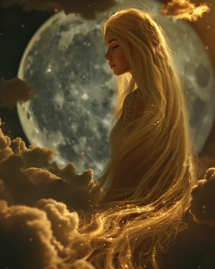 a woman with long blonde hair sitting on clouds in front of a full moon