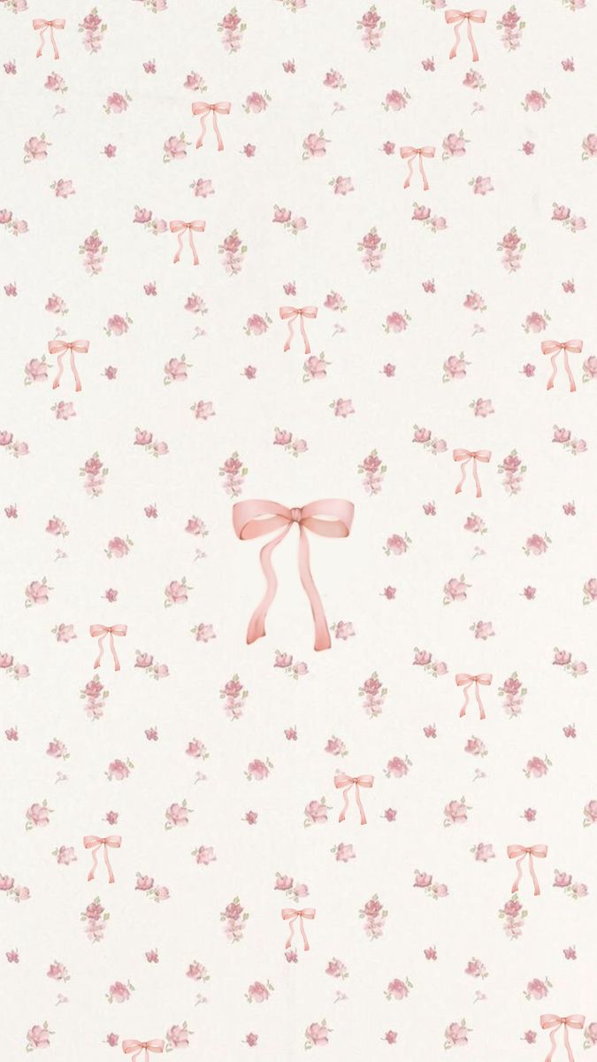 a wallpaper with pink flowers and bows on it