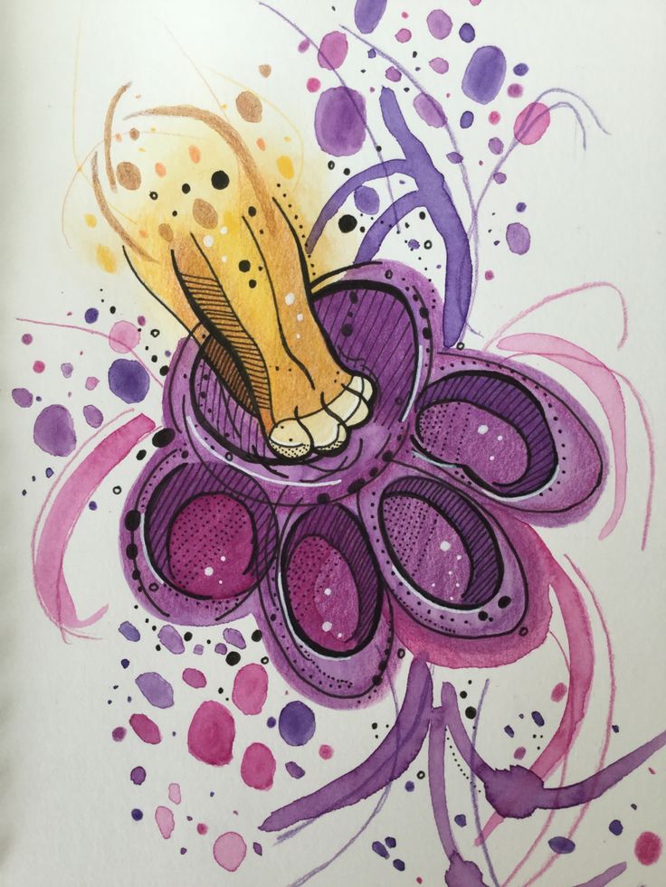 a drawing of a yellow banana sitting on top of a purple flower