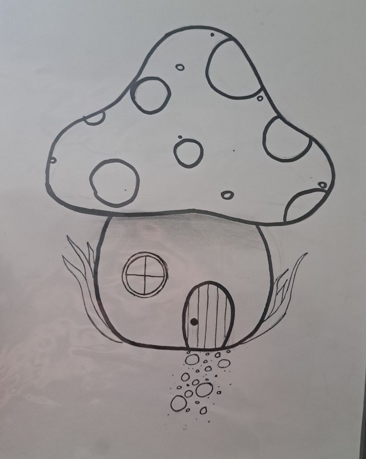 a drawing of a mushroom house with water coming out of the hole and bubbles coming out of it