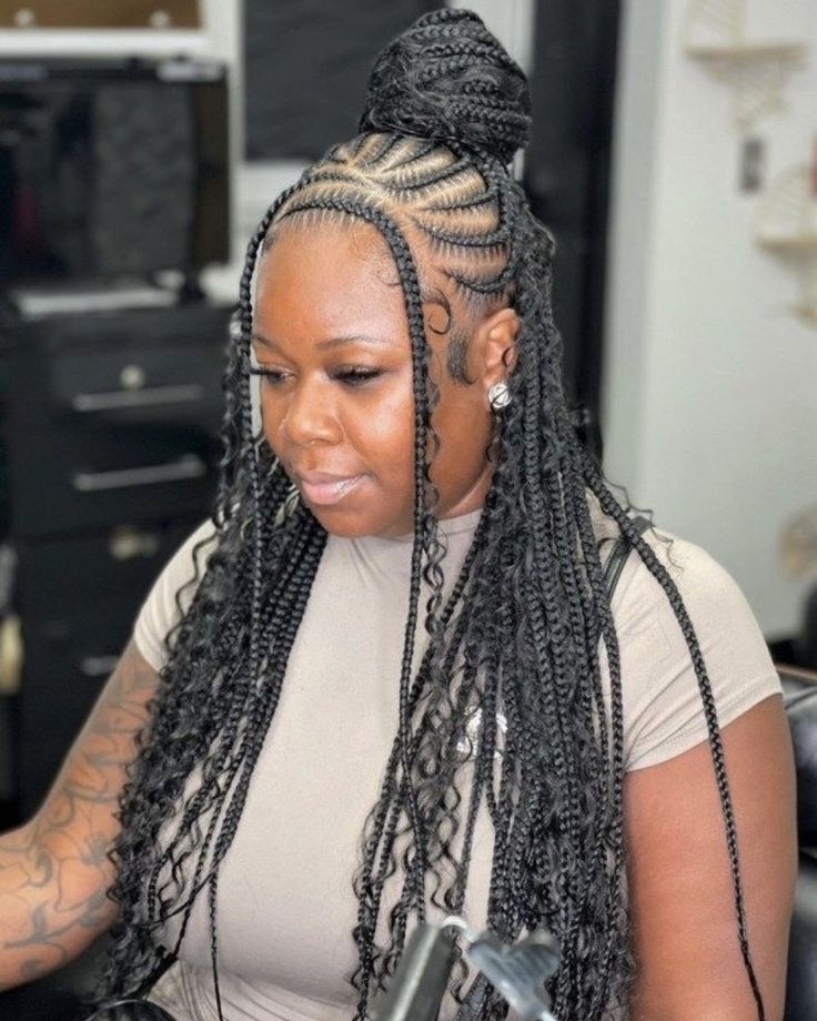 I’m in the mood for something new 🤤 #braidedponytail #goddessbraids #halfuphalfdown #goddessbraids Braided Updo Half Up Half Down, Half Braided Updo, Stitch Fulani Braids Hairstyles, Two Layer Feed In Braids, Layer Ideas, Hairstyles With Curls, Carrot Hairstyles, Cornrow Styles, Colored Box Braids