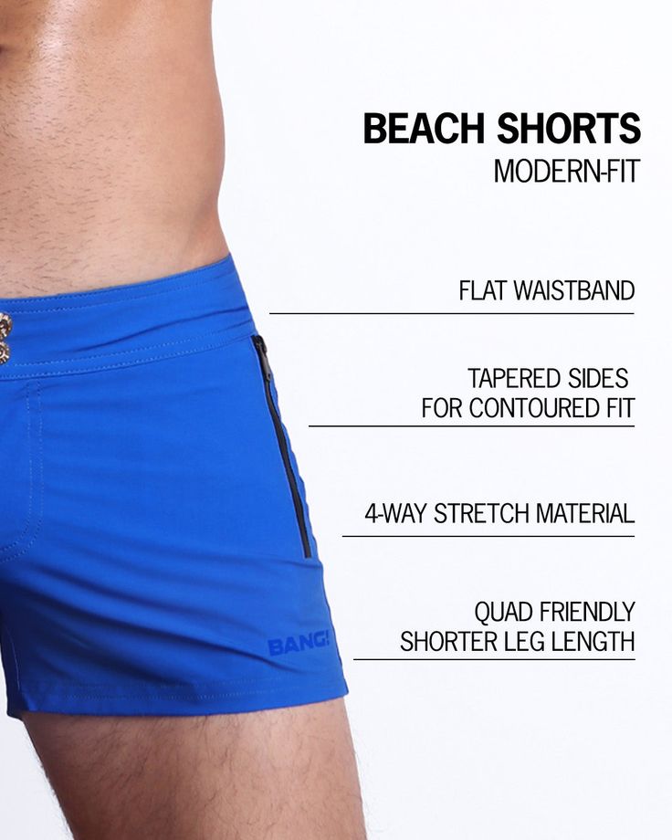 The most versatile pair of men’s beach shorts you’ll ever wear. BANG! Beach Shorts are the perfect all-rounder between the beach and everything else before and after. Styled after the fashionably look of a modern-fit walk short, these premium men’s swim trunks are delivered in a body-sculpting and shape-contouring format for a perfect fit. Meet the ultimate men’s boardies to take you from the beach to the party without missing a beat. Made with a stretchy, waterproof, light weight and soft fabri Gym Tanks, Gym Tank Tops, Tailored Shorts, Swim Brief, Blue Beach, Beach Tops, Gym Shirts, Body Sculpting, Gym Shorts