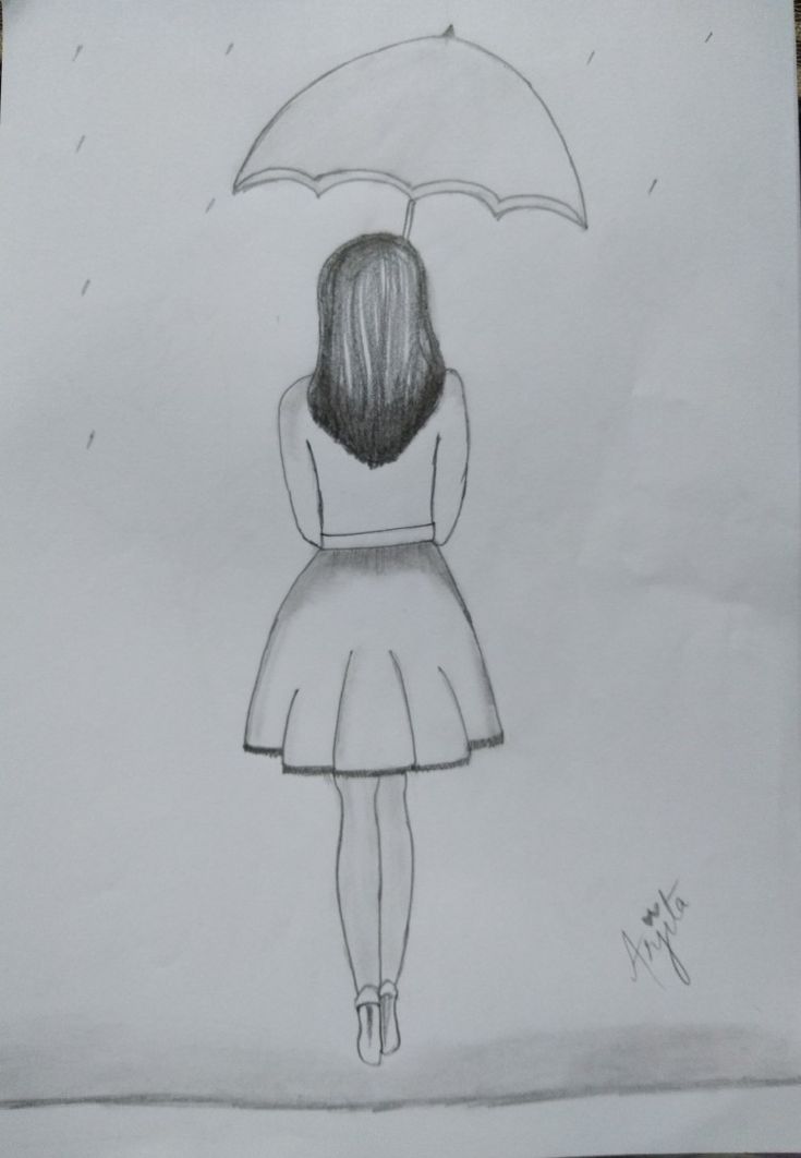 a drawing of a girl holding an umbrella in the rain with her back to the camera