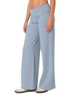 Edikted Lilah Striped Fold Over Pants Striped Stretch Wide Leg Bottoms, Striped Wide Leg Loungewear Bottoms, High Rise Cotton Loungewear Pants, High Rise Cotton Pants For Loungewear, Blue Straight Leg Loungewear Bottoms, High Rise Cotton Lounge Pants, High Rise Blue Relaxed Fit Bottoms, Blue Full-length Loungewear Bottoms, Spring Full Length Loungewear Bottoms