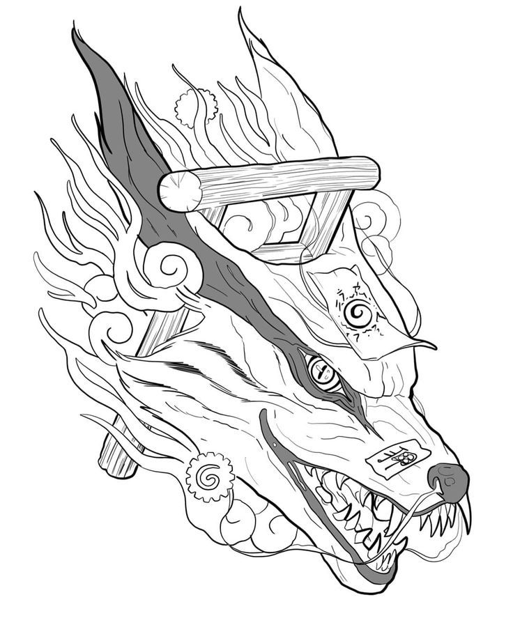 a black and white drawing of a wolf's head with flames coming out of it