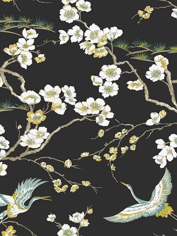 Sublime Japan Black / Green Wallpaper | very.co.uk Black Floral Wallpaper, Japan Wallpaper, Matte Black Background, Black Texture Background, Crane Bird, Graham & Brown, Wallpaper Black, Wallpaper Online, Green Wallpaper