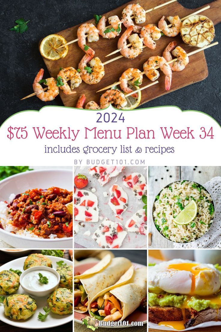 A collage from Budget101's $75 Weekly Menu Plan for Week 34, featuring budget-friendly dishes like shrimp skewers, chili with rice, strawberry yogurt bark, lime rice, veggie fritters, fajitas, and avocado toast with poached egg Veggie Fritters, Weekly Menu Plan, Frozen Yogurt Bark, Weekly Menu Planning, Yogurt Bark, Fresh Meals, Grocery Budget, Shrimp Skewers, Budget Meal Planning