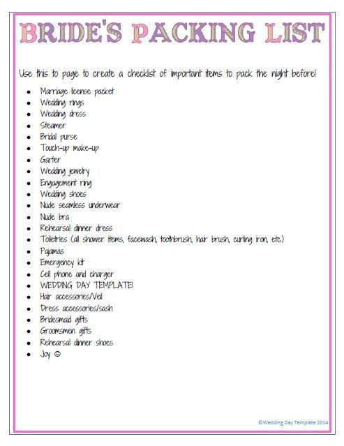 the bride's packing list is shown in this printable file, which includes instructions for