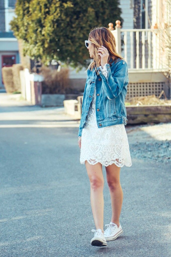 madewell denim jacket, lace dress, casual tomboy,  converse sneakers How To Wear Denim Jacket, Stylish Spring Outfit, Casual Denim Jacket, Denim Jacket Outfit, Stylish Summer Outfits, Outfit Trends, Denim Jackets, Girly Outfits, Summer Outfits Women