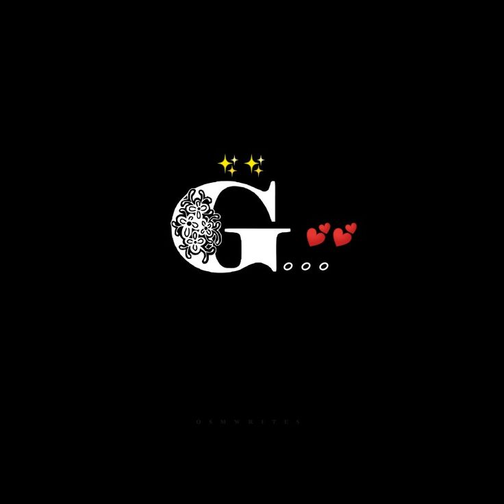 the letter g is made up of hearts and stars on a black background with red dots