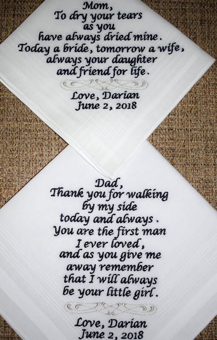 two wedding handkerchiefs with words on them