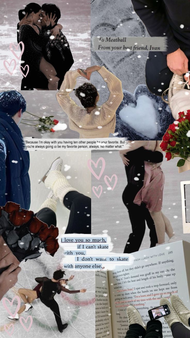 the collage shows two people in winter clothes and one is holding a bouquet of flowers