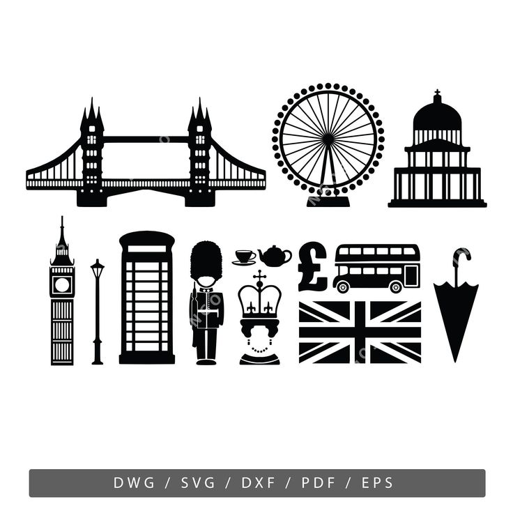 the silhouettes of london, england are shown in black and white with text that reads dwg / svg / dxf / dxf / pdf / ppf / eps