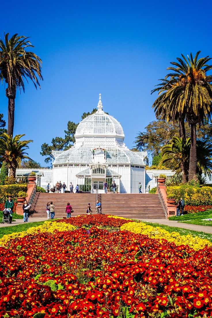 many people are walking around in front of a large glass building with flowers and palm trees