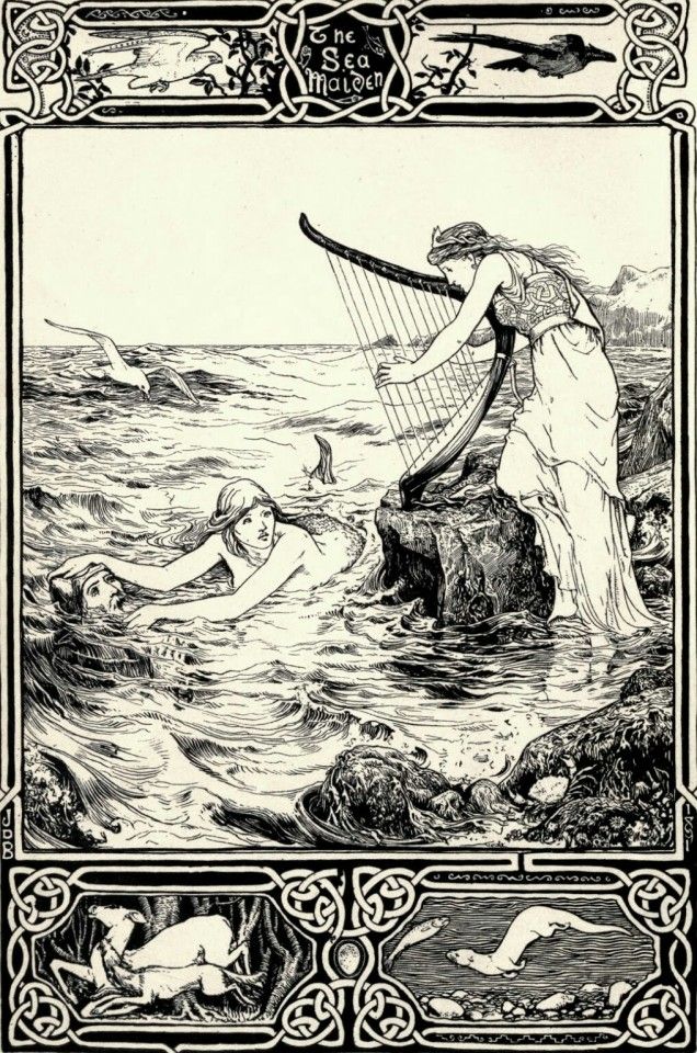 an illustration of a woman with a harp in the water