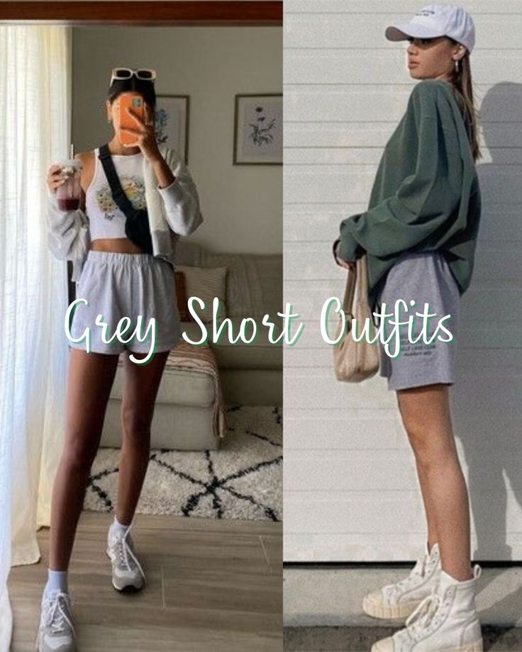 Sweat Shirt And Shorts Outfit, Gray Short Outfit, Sweatshorts Outfit Woman, Light Grey Shorts Outfit, Grey Cotton Shorts Outfit, Grey Sweatshorts Outfit Women, Grey Short Outfits, How To Style Grey Shorts, Jogging Shorts Outfit Women