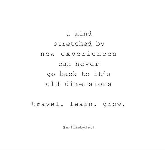 a quote that reads, a mind stretched by new experiences can never go back to it's old dimensionss travel learn grow