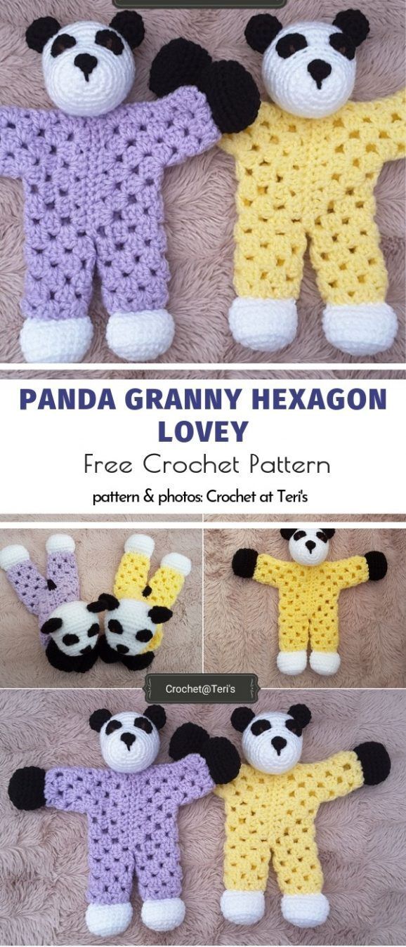 crochet panda granny hexagon pattern is shown in three different sizes and colors