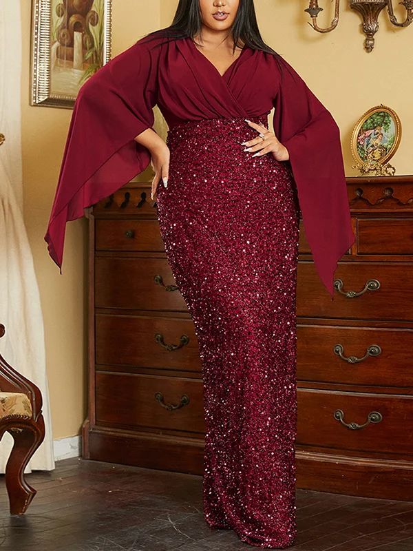 Sequined Split-back Split-Joint Flared Sleeves High Waisted Deep V-Neck Maxi Dresses Wedding Guest Dresses Plus Size, Womens Evening Gowns, Grey Evening Dresses, Sequin Material, Dress Cocktail Party, Autumn Fabric, Sukienki Plus Size, Elegant Fabric, Sequin Prom Dress