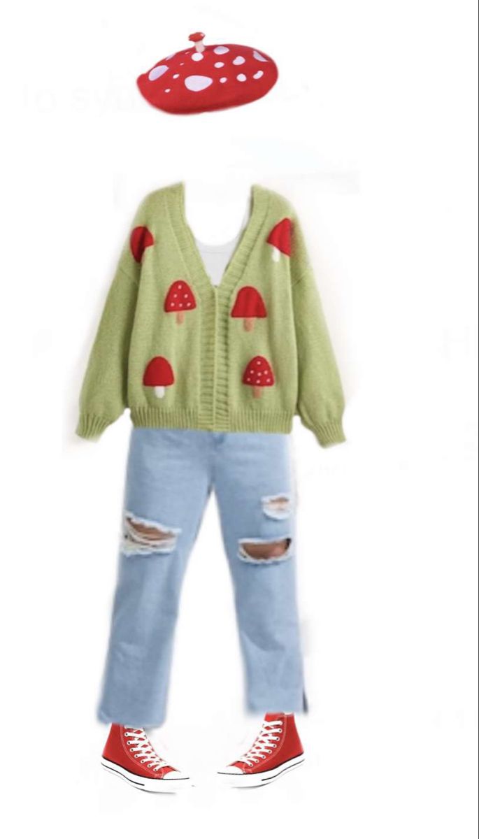 Cute Mushroom Pajamas, Mushroom Pants Outfit, Cute Outfits Mushroom, Mushroom Themed Clothes, Mushroom Clothes Aesthetic, Cute Mushroom Outfits, Mushroom Themed Outfit, Kawaii Cottagecore Outfits, Frogcore Aesthetic Outfits