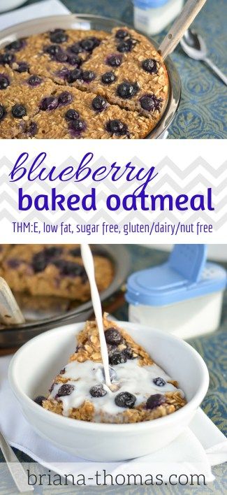 blueberry baked oatmeal is being poured into a bowl