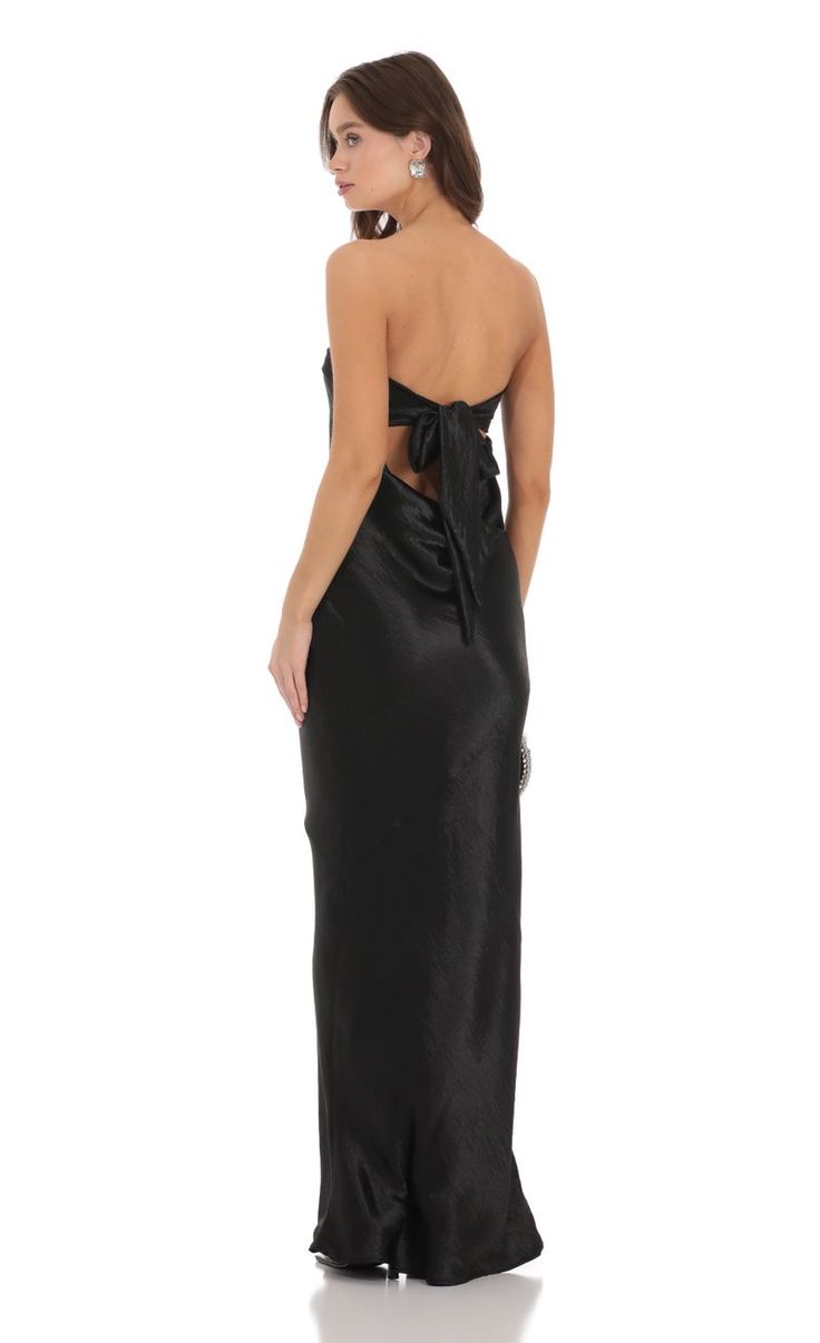 Strapless Satin Open Back Dress in Black | LUCY IN THE SKY Satin Open Back Dress, Satin Prom Dress Long, Open Back Black Dress, Black Strapless Maxi Dress, Plunging Neck Dress, Black Sparkly Dress, Queen Dresses, Prom Queen, Black Silk Dress