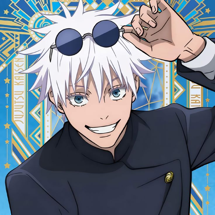 an anime character with white hair wearing sunglasses and pointing to the side while smiling at the camera