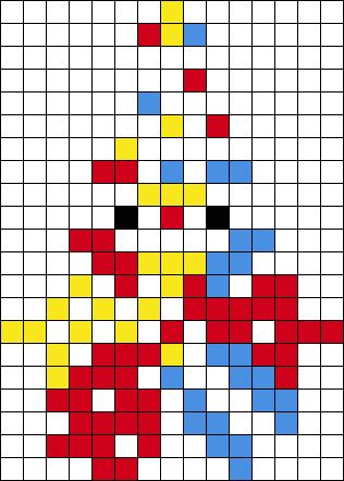 a cross stitch pattern in red, yellow and blue with black dots on the bottom