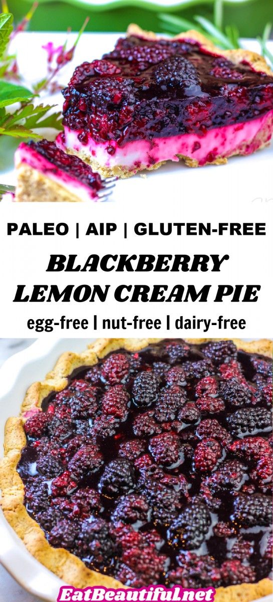 a close up of a pie on a plate with the words palen gluten - free blackberry lemon cream pie