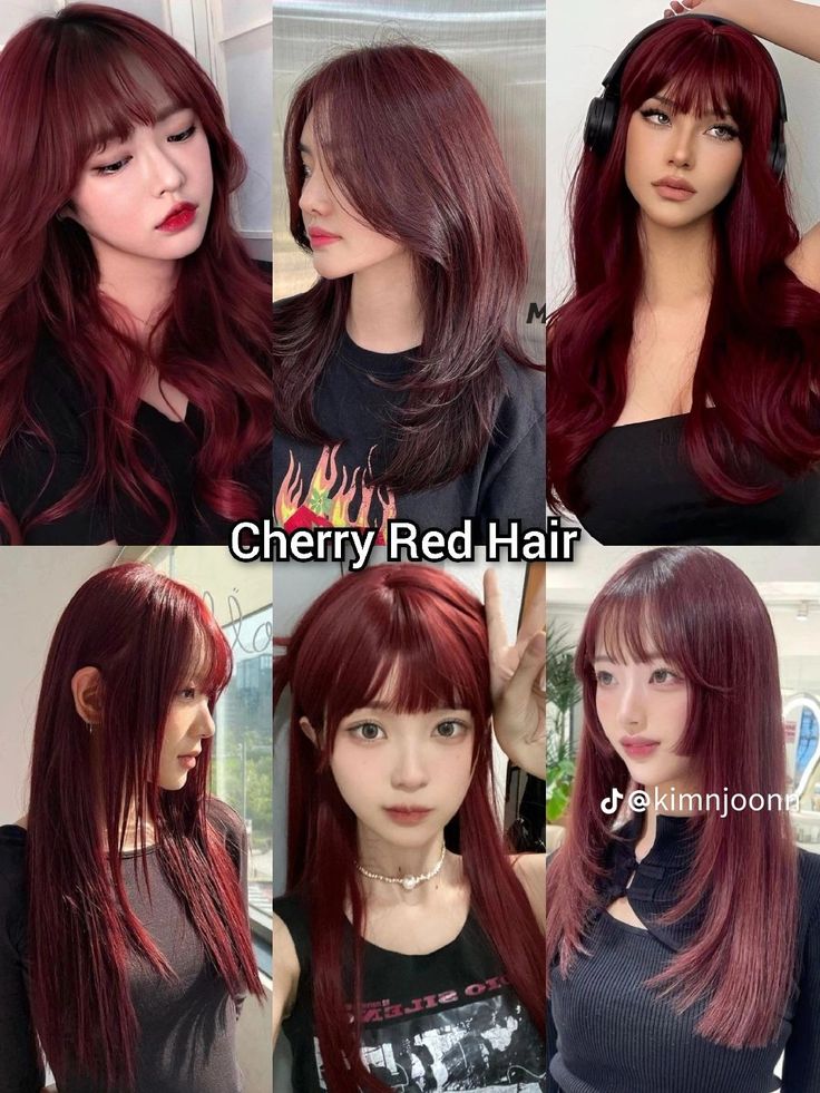 Asian With Red Hair, Hair Color Ideas Dark Brown, Hair Color Ideas Dark, Halo Hair Color, Red Halo Hair, Red Cherry Hair, Asian Red Hair, Hair Color With Bangs, Red Hair Streaks