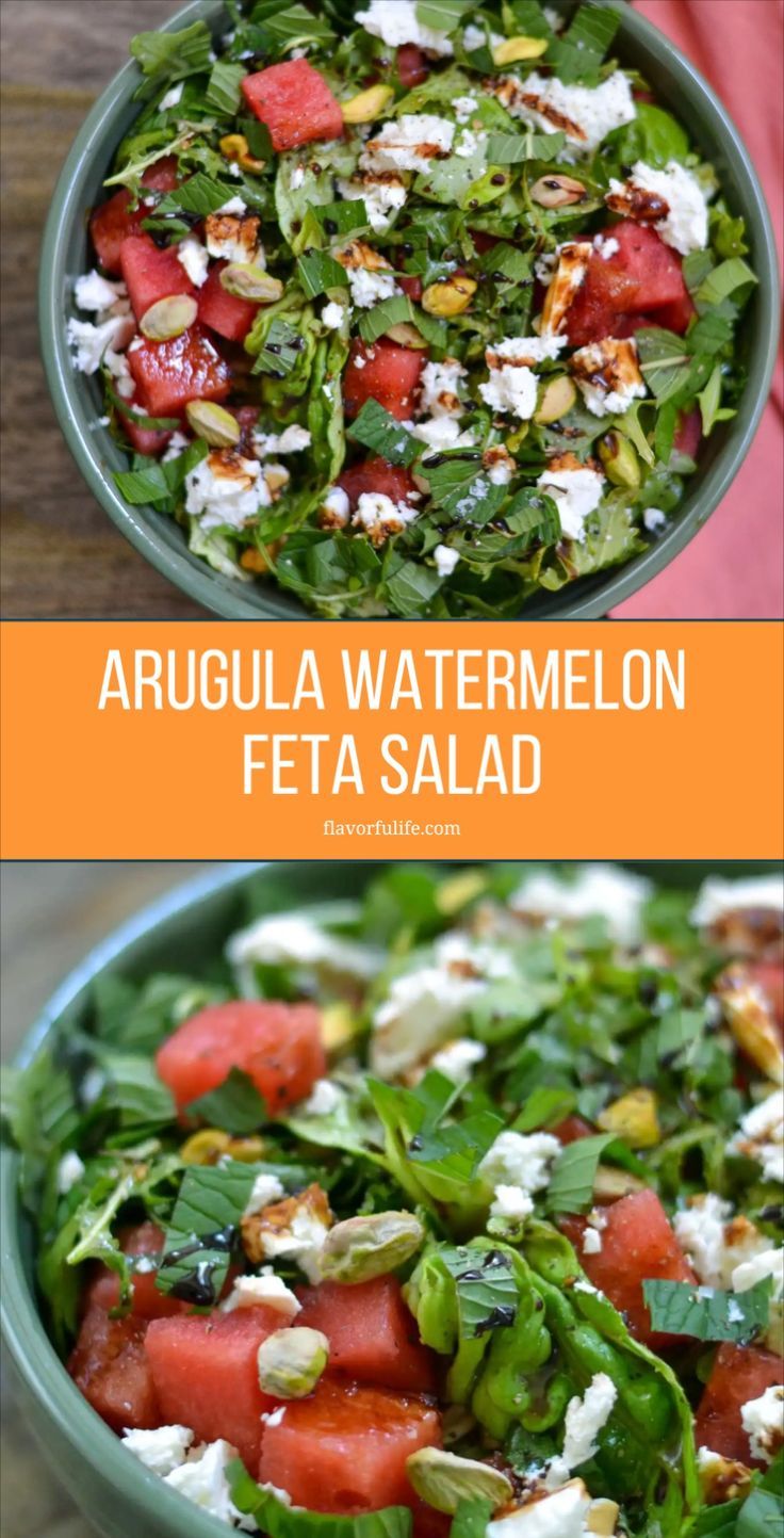 two pictures with different types of salads in them and the words, arugula watermelon feta salad