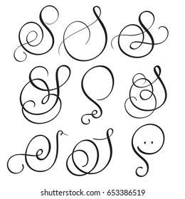 a set of handwritten letters with swirls and numbers on white background, in the style of calligraphy