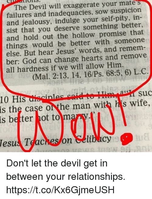 an open bible with the words don't let the devil get in between your relationshipss