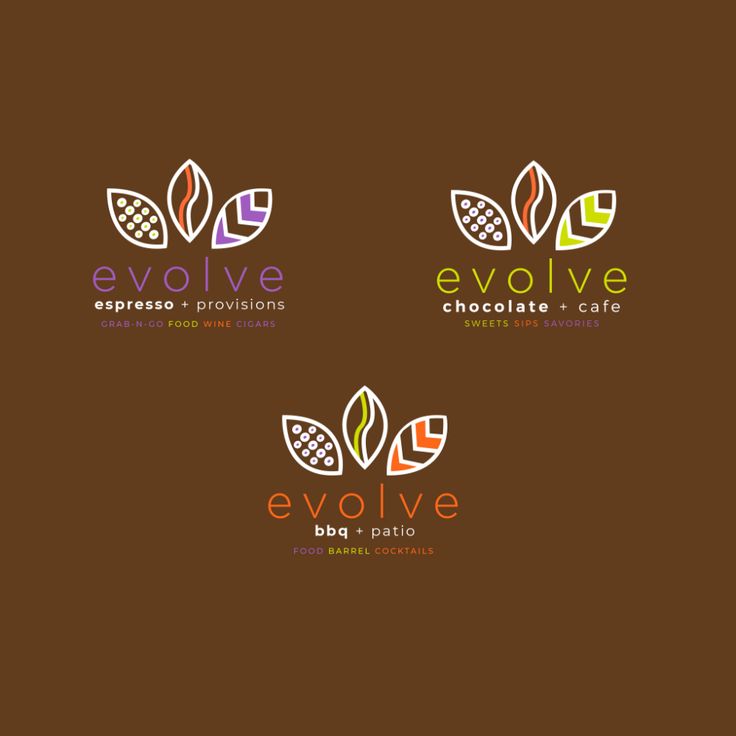 the logo for evolive chocolates and sweets is shown in three different colors