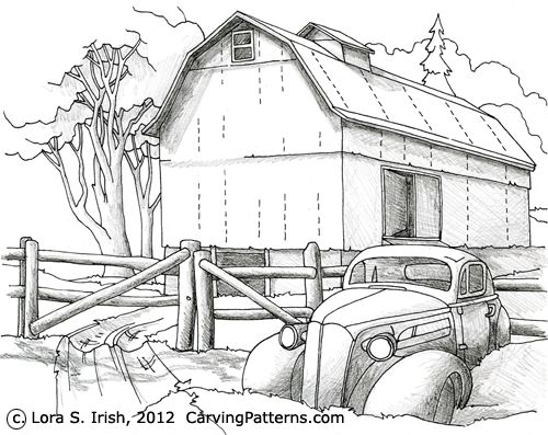 a drawing of an old truck parked in front of a barn with a farm house behind it