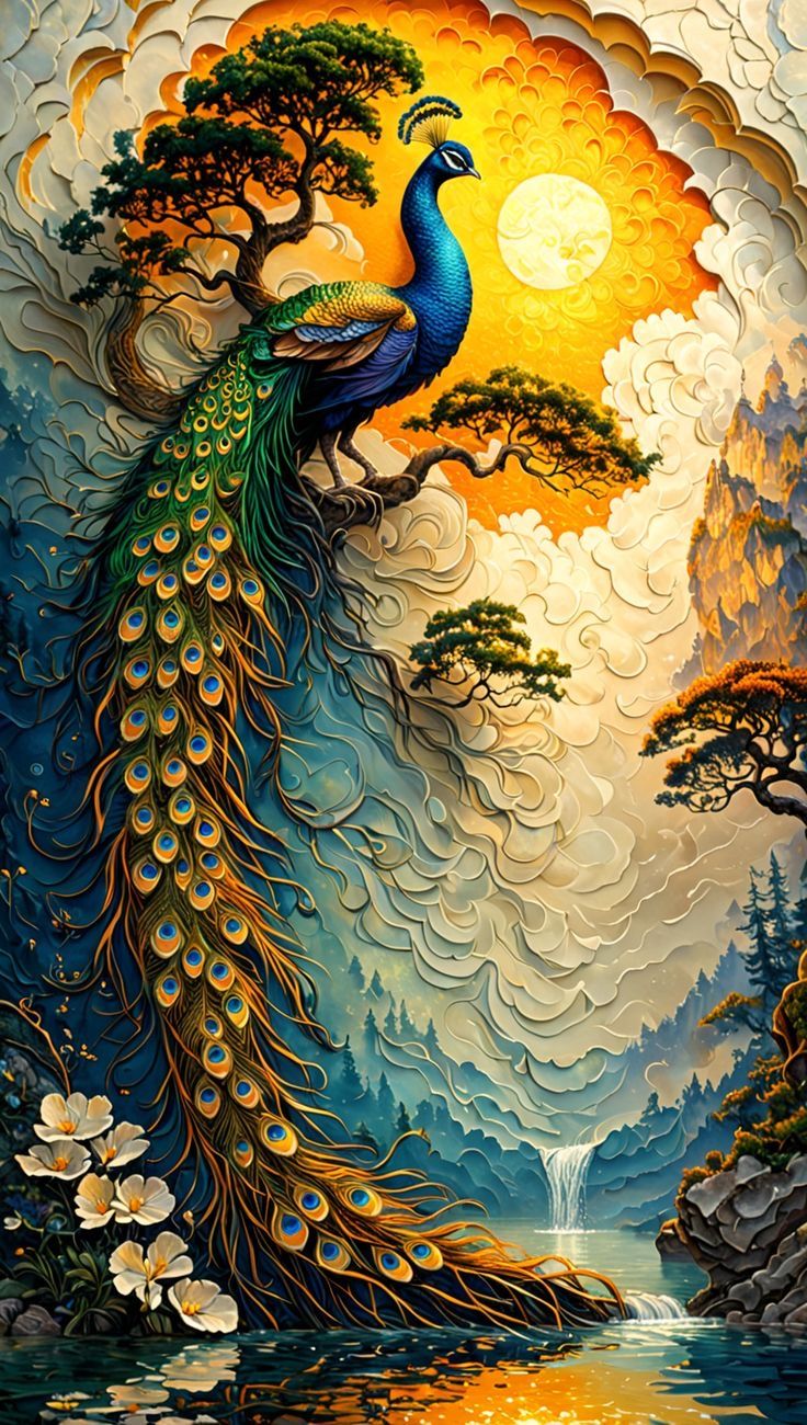 a painting of a peacock on the water