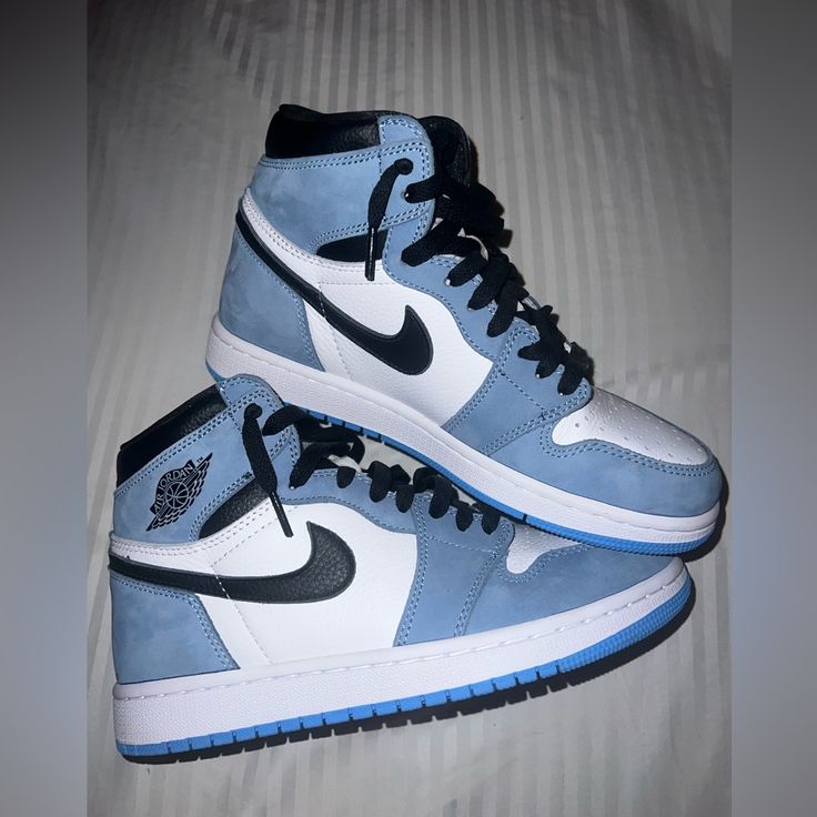 Never Worn, No Creases! Nike Jordan 1 Blue, Nike Jordans Women Blue, Nike Air Force 1 High Og White Blue, Nike Shoes 10 And 11 Yr, Blue High Top Nike Shoes, Shiny Blue Air Jordans, Blue Mid Jordans, Nike Air Jordan University Blue, Nike Blue Air Jordans