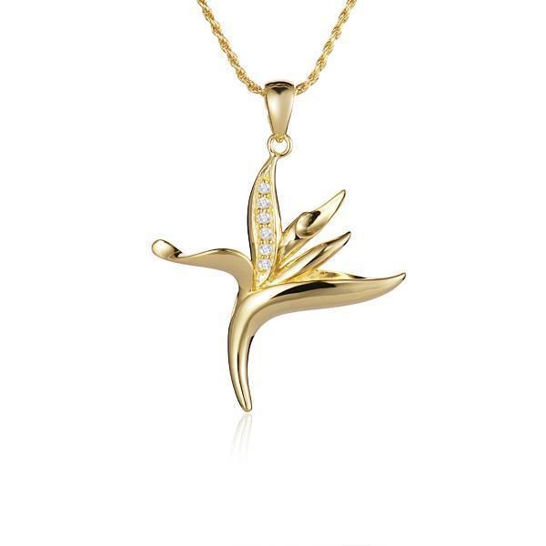 In this photo there is a small yellow gold bird of paradise pendant with diamonds. Bird Of Paradise Flower, Birds Of Paradise Flower, Flower Motif, Bird Of Paradise, Yellow Gold Pendants, Exotic Flowers, Birds Of Paradise, Chains Jewelry, Gold Pendant