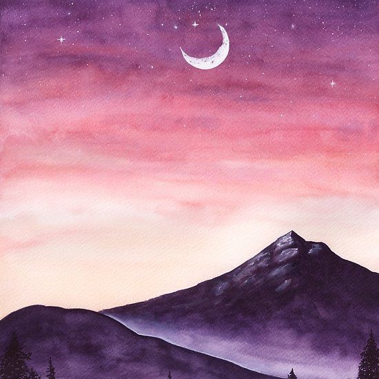 a watercolor painting of a night sky with the moon and mountains in the background