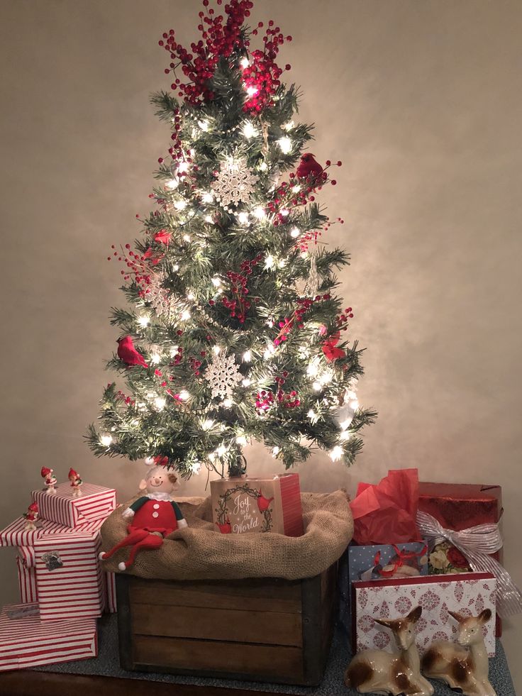 a small christmas tree with presents under it