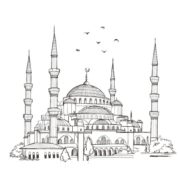 an ink drawing of the blue mosque in turkey