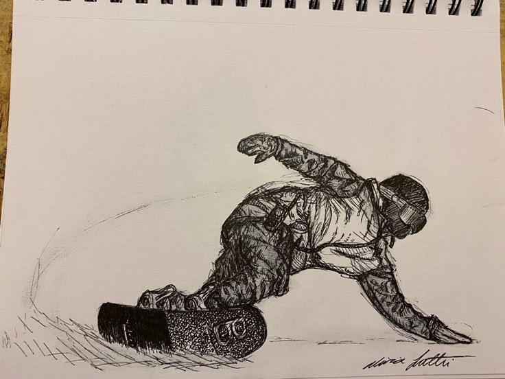 a drawing of a person riding a skateboard on the ground with one foot in the air