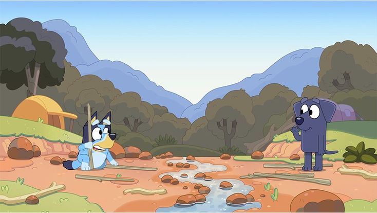 two cartoon characters are sitting on the ground in front of a river and some mountains