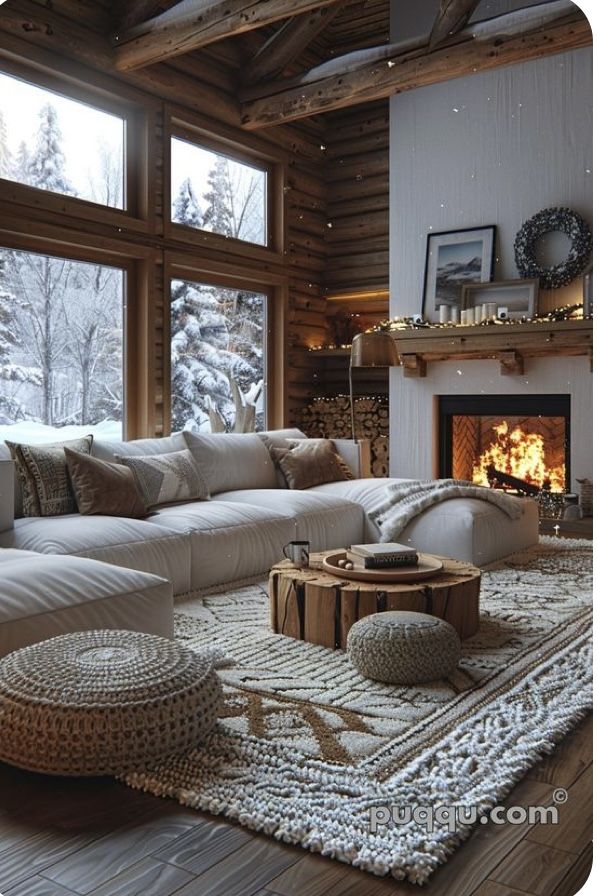 a living room filled with furniture and a fire place in front of a large window