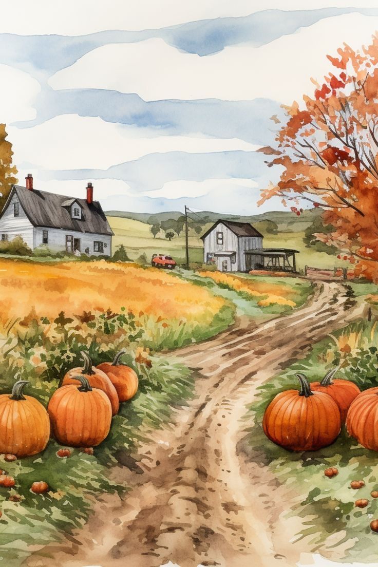 a painting of pumpkins on the side of a dirt road with houses in the background