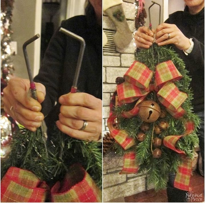 two pictures one with a christmas wreath and the other has a pair of scissors in it