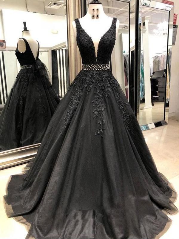 Farewell Dress, Prom Dress Black, Black Ball Gown, Elegant Prom, V Neck Prom Dresses, Prom Dresses 2019, Beaded Prom Dress, Black Prom, A Line Prom Dresses