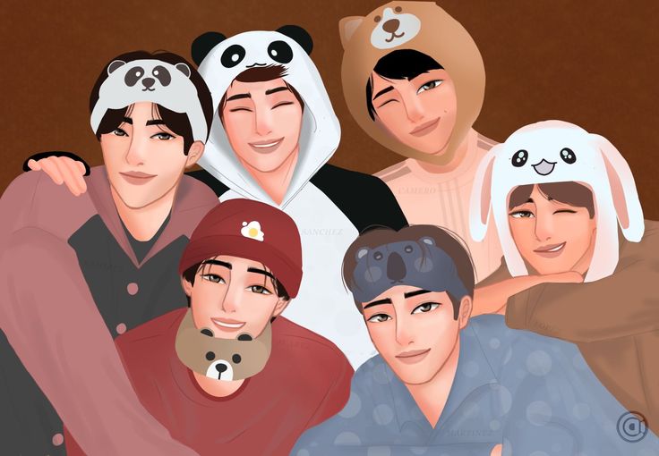 a group of people wearing panda hats and sweaters with one person holding a teddy bear