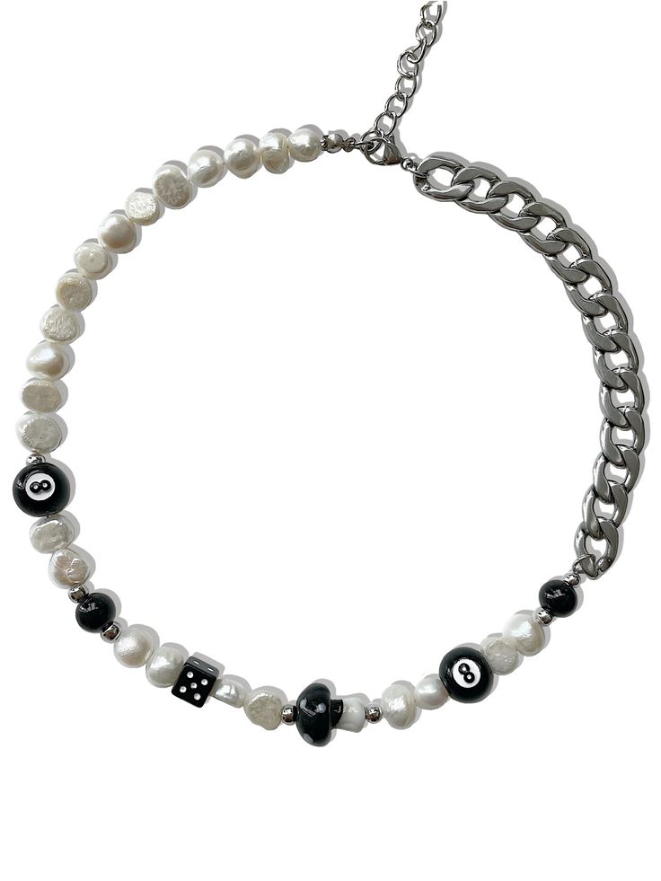 The 'MAGIC 8' half & half necklace is what you've been waiting for - from the freshwater pearls and lamp work charms to its stainless steel chain, this necklace is bound to make a statement. Pair the 'MAGIC 8' on its own or stack with 549's classic half & half pearl necklace to dress up any outfit! Made with freshwater pearls, black lamp work charms, and stainless steel chain. Waterproof and rust-free. Available in lengths 14", 15", 16', 18", 20". All lengths come with a 2" extension chain. Mode Half Pearl Necklace, Half Necklace, Ways To Lace Shoes, Magic 8 Ball, Black Lamp, Lace Shoes, Concept Clothing, Creating Jewelry, Black Lamps