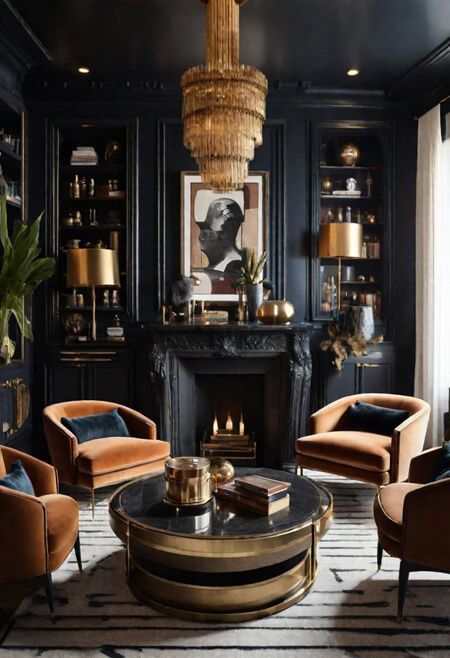 a living room filled with furniture and a fire place under a chandelier hanging from the ceiling